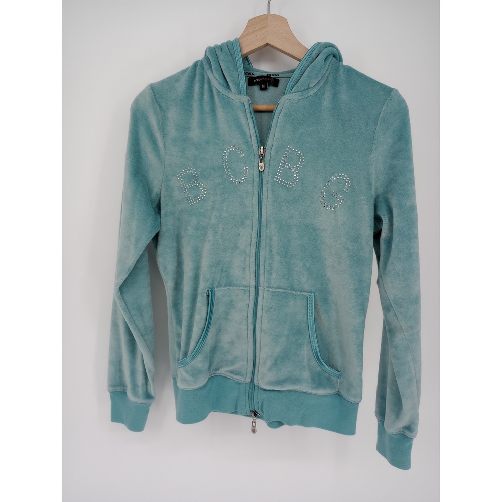 BCBGMaxAzria Hoodie Women M Teal Blue Velour Rhinestone Logo Zip Up